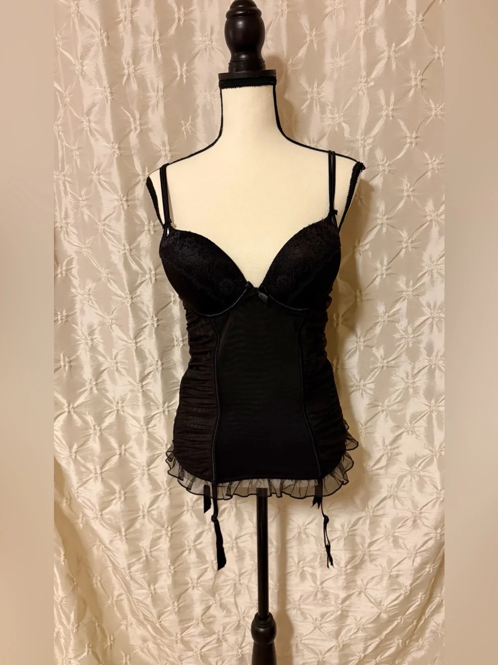 Victoria’s Secret Black Lace Corset Bustier Top Ruched Garter Slips Lingerie